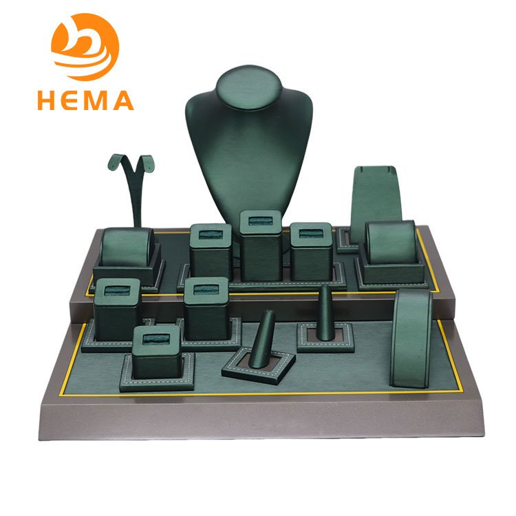 green leather jewelry display set